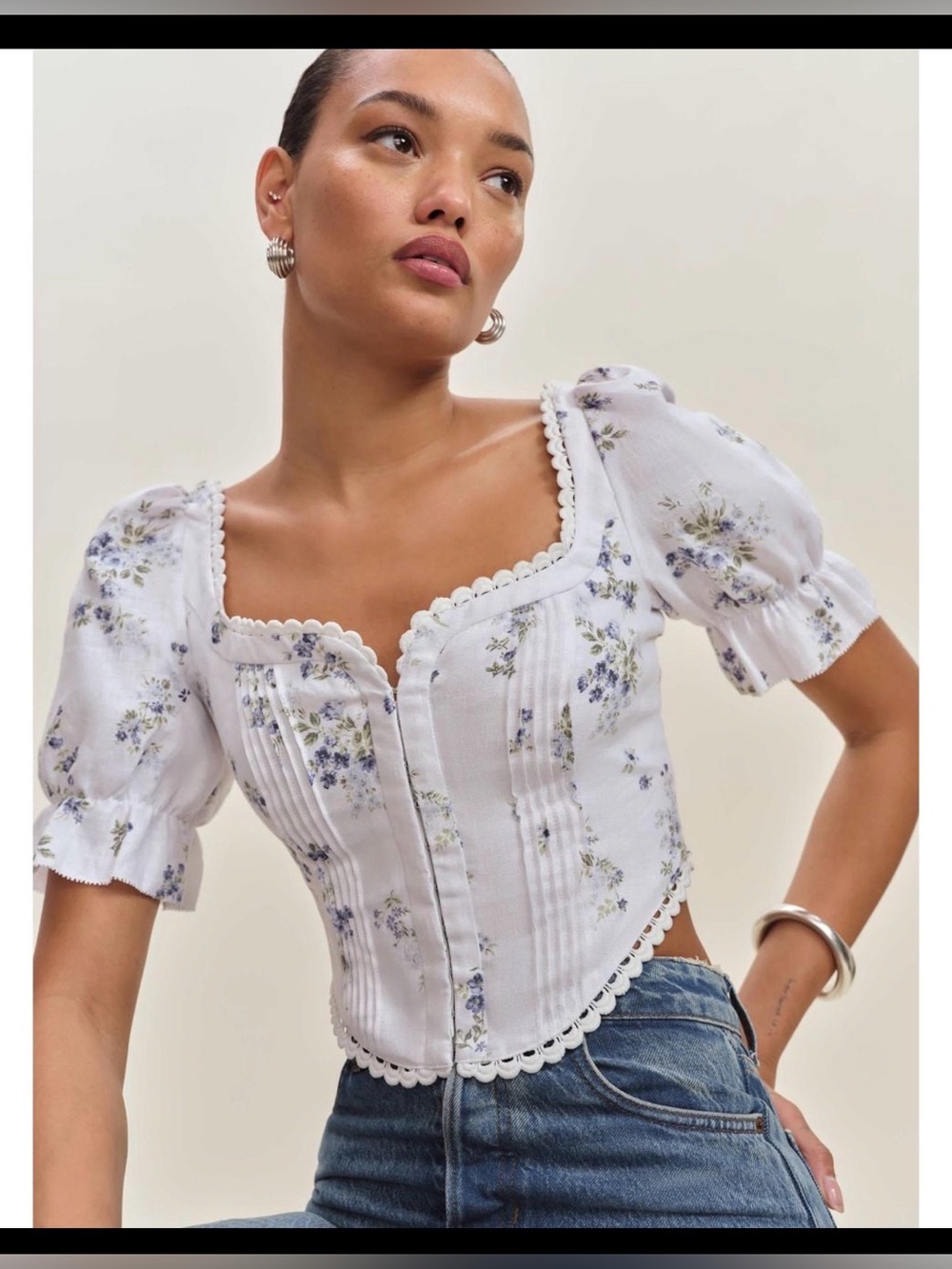 Reformation White Floral Square-Neck Puff Sleeve Crop Top its new
